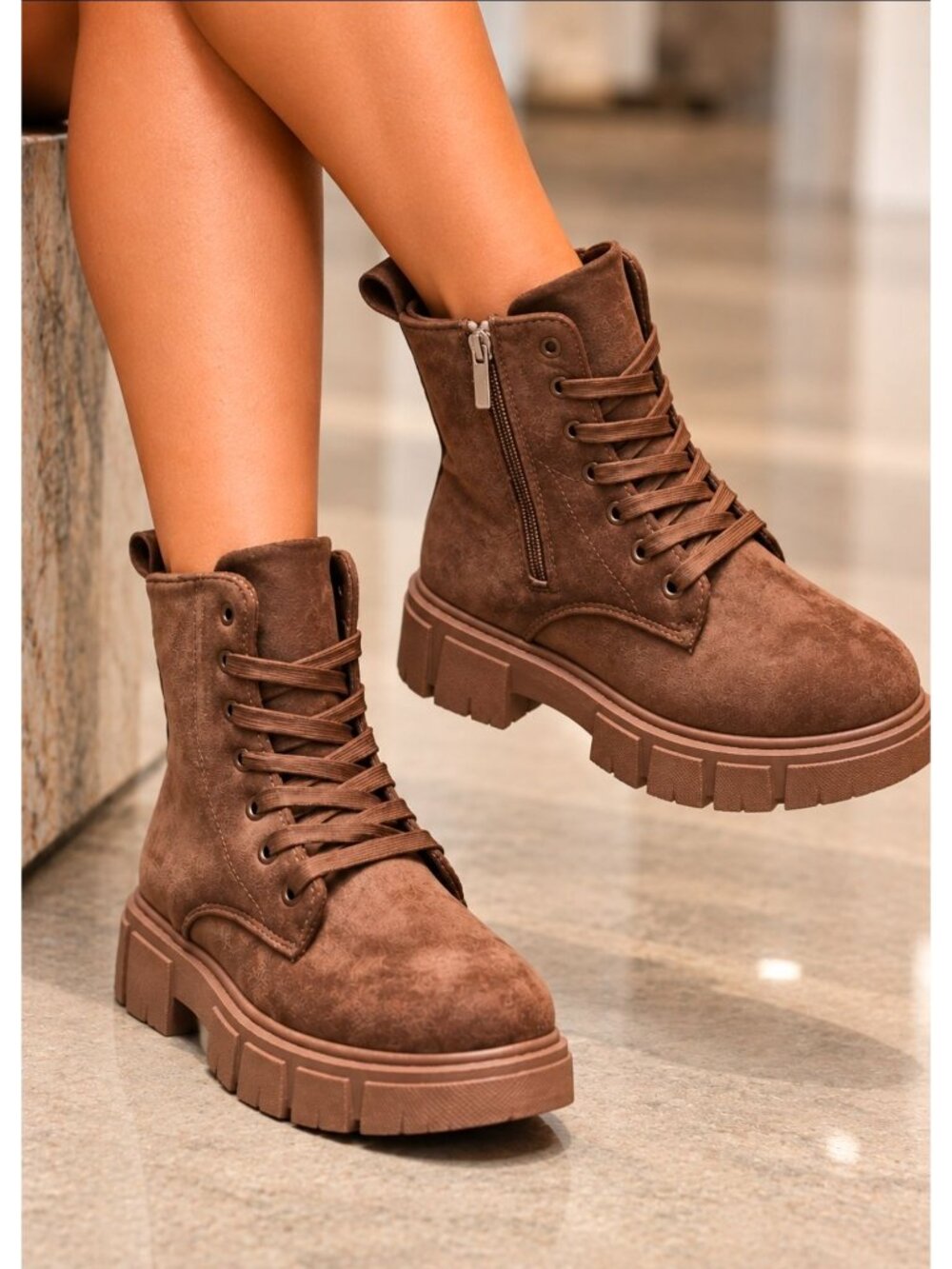 Brown Faux Suede Lace-Up Combat Boots With Chunky Sole & Side Zipper Stylish & D